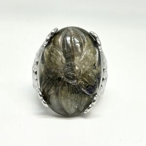 Hand Carved Malagasy Labradorite Dragon Flower Ring in Stainless Steel 11.65 ctw